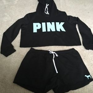 Pink crop hoodie with matching shorts
